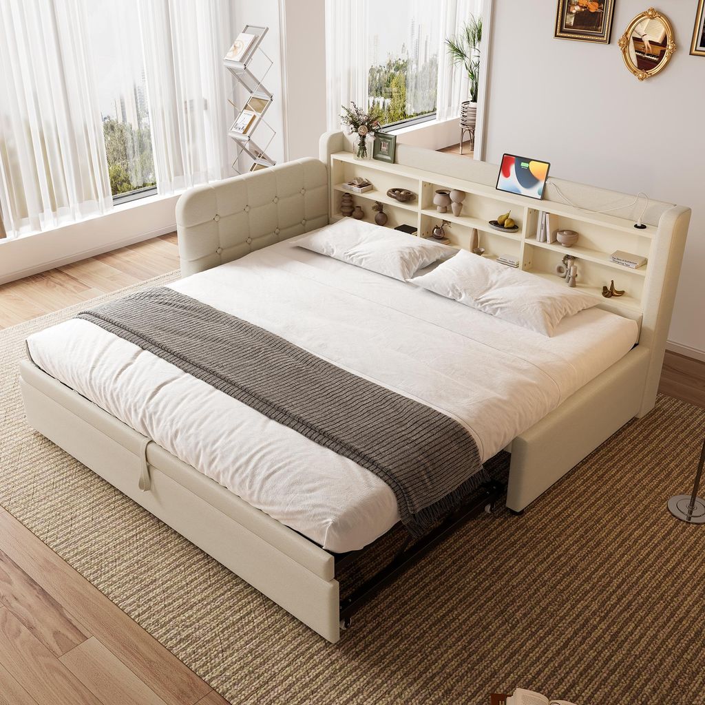 Sweiko Daybett, 90x200cm(180 x 200 cm) , Tagesbett, Schlafsofa, multifunktionales Ausziehbett-Design, USB + Typ C, mehrere Ablageflächen, Bett mit...