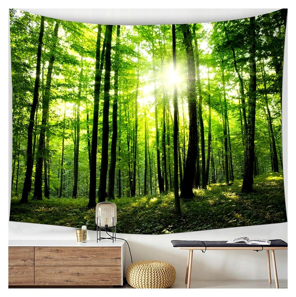 Wandteppich Grün 240x220 cm, Wandvorhang mit Naturmotiv, Wandtuch Wald, Wandbehang für Kinderzimmer, Wanddeko für Schlafzimmer