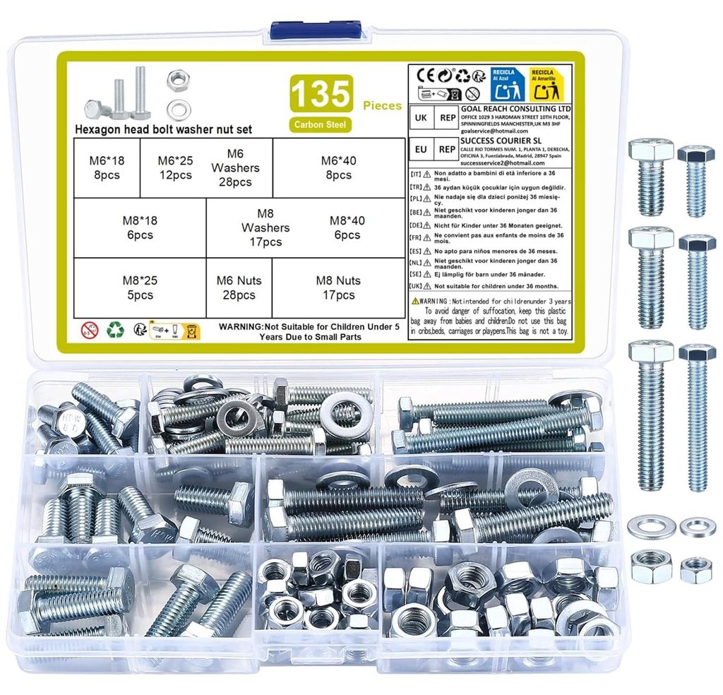 135-teiliges Set M6-Sechskantschrauben mit Muttern und Unterlegscheiben – Mechanisches Reparaturset aus schwarzem Kohlenstoffstahl für Fahrrad, ...