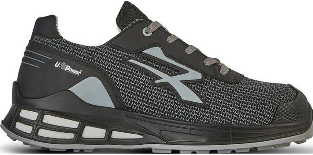 A side view of a black and gray safety shoe.
