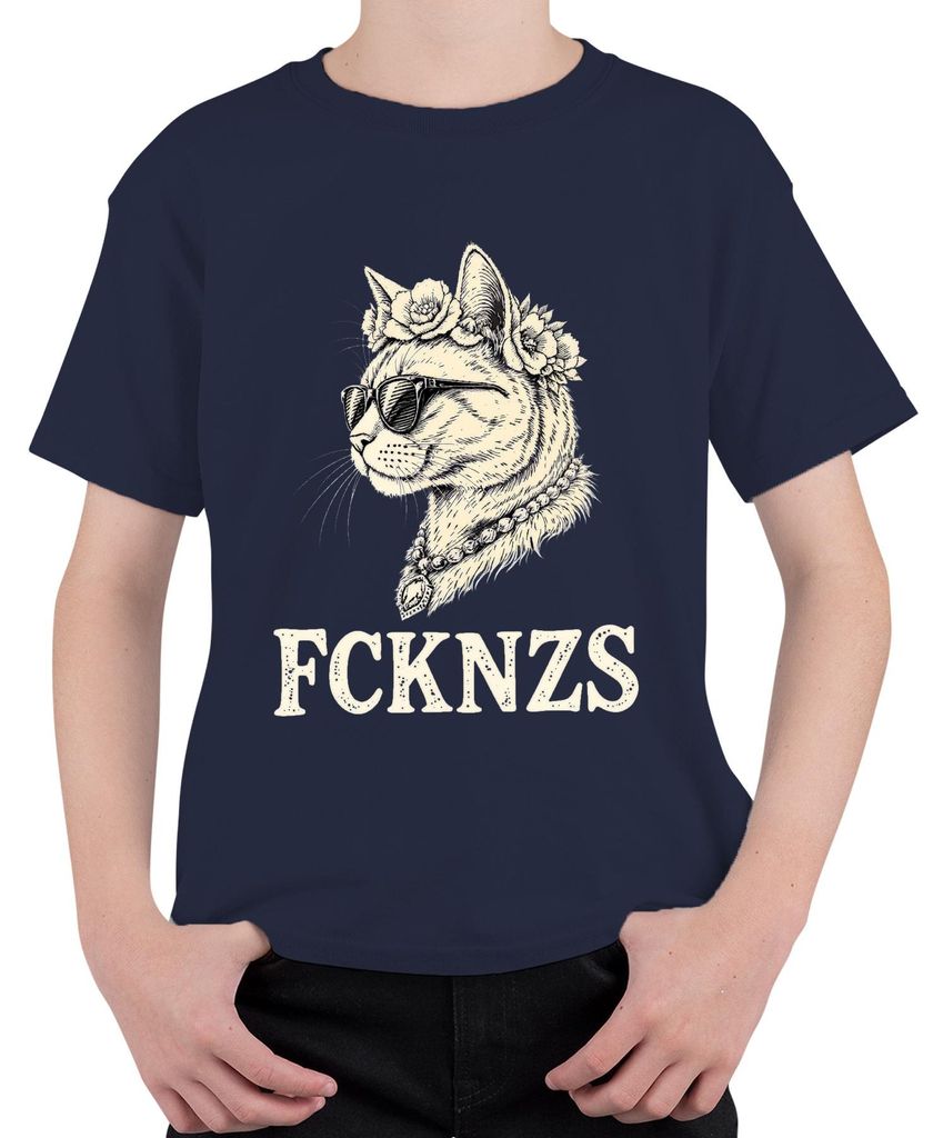 FCKNZS Katze Sonnenbrille Blumenkranz Retro Vintage Geschenk Uni Kinder T-Shirt, Navy, 104