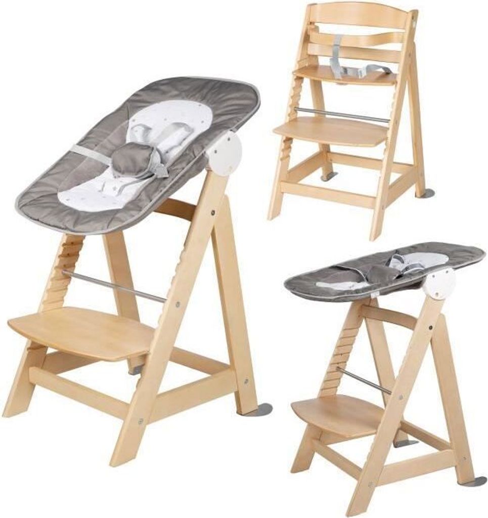 Hochstuhl 2 in 1 Roba Born Up, Holz Natur, Babywippe mit Liegefunktion, Sternenmuster, Ab Geburt, Verstellbar bis 70 kg