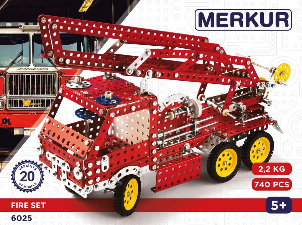 A marketing image of a red metal construction toy fire truck with a ladder.