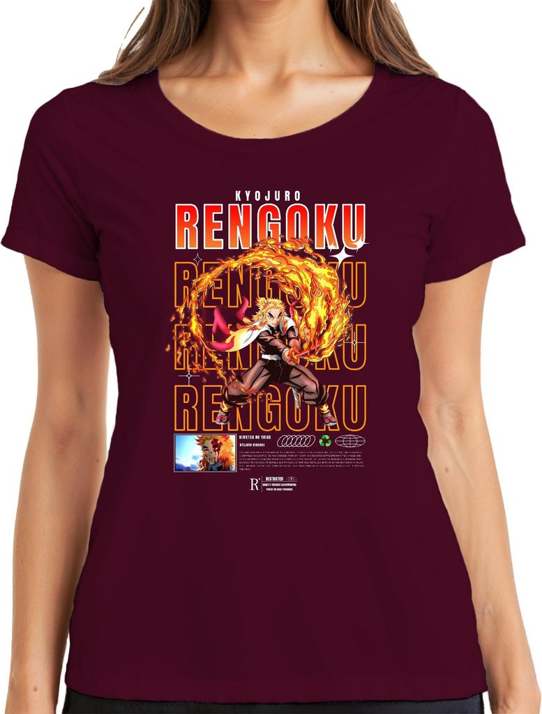 Rengoku Kyojuro Kimetsu no Yaiba Flamme Hashira Anime Geschenk Damen T-Shirt, Burgundy, XL