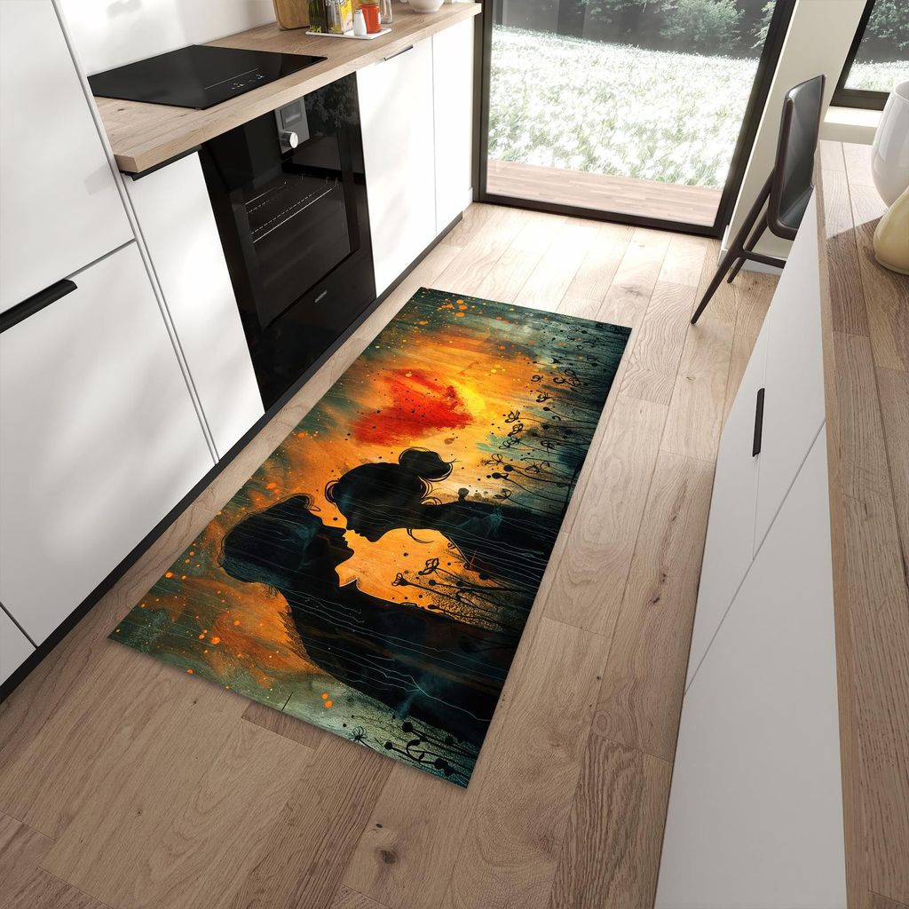 Küchenteppich 90x180cm rutschfest & abwischbar PVC Läufer - Liebespaar im Regen