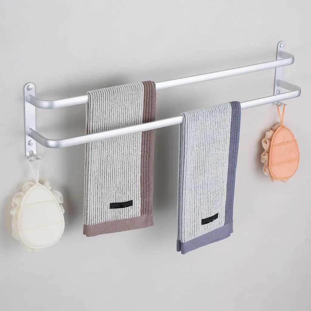 Porte-serviettes double argenté mural sans perçage pour salle de bain