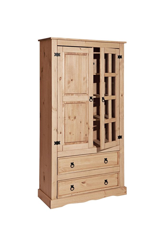 SIT Möbel Vitrine | 2 Türen, 2 Schubladen | Kiefer-Holz massiv | Honigfarben | B 100 x T 41 x H 190 cm | 19001-02 | Serie VITRINE