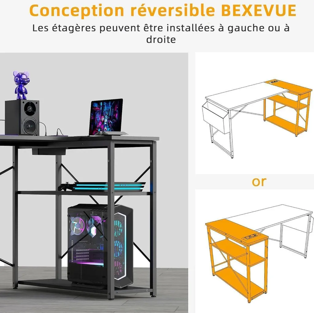 Bureau d'angle gamer 120 cm avec étagères pour configuration gaming PC