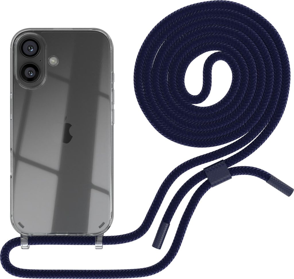 EAZY CASE Handykette für Apple iPhone 16, Clear Case aus Silikon, mit Umhängeband, abnehmbare Endstücke, Handyband in Blau