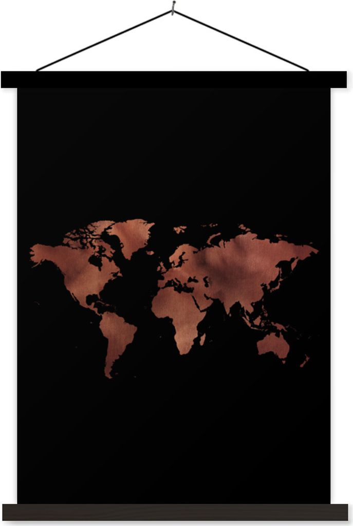 MuchoWow Textilposter Weltkarte - Rot - Schwarz 120x160 cm mit schwarzem Rahmen - Magnetischer