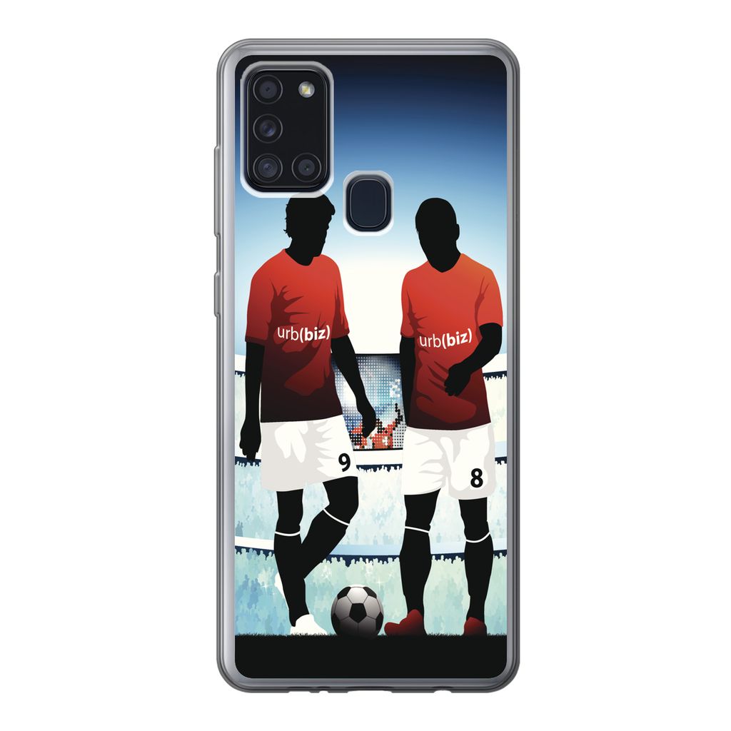 MuchoWow Handyhülle Schutzhülle Hülle für Samsung Galaxy A21s Eine Illustration von zwei Fußballspielern in einem Stadion - Jungen - Mädche...