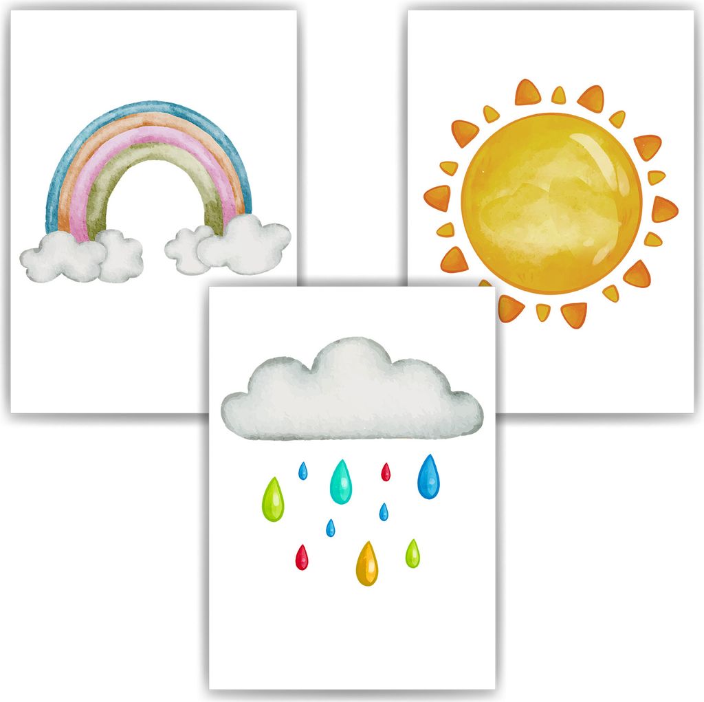 Wolke Sonne Regenbogen Bilder 3er Set DIN A4 Kinderzimmer Wandbilder Babyzimmer Poster Dekoration