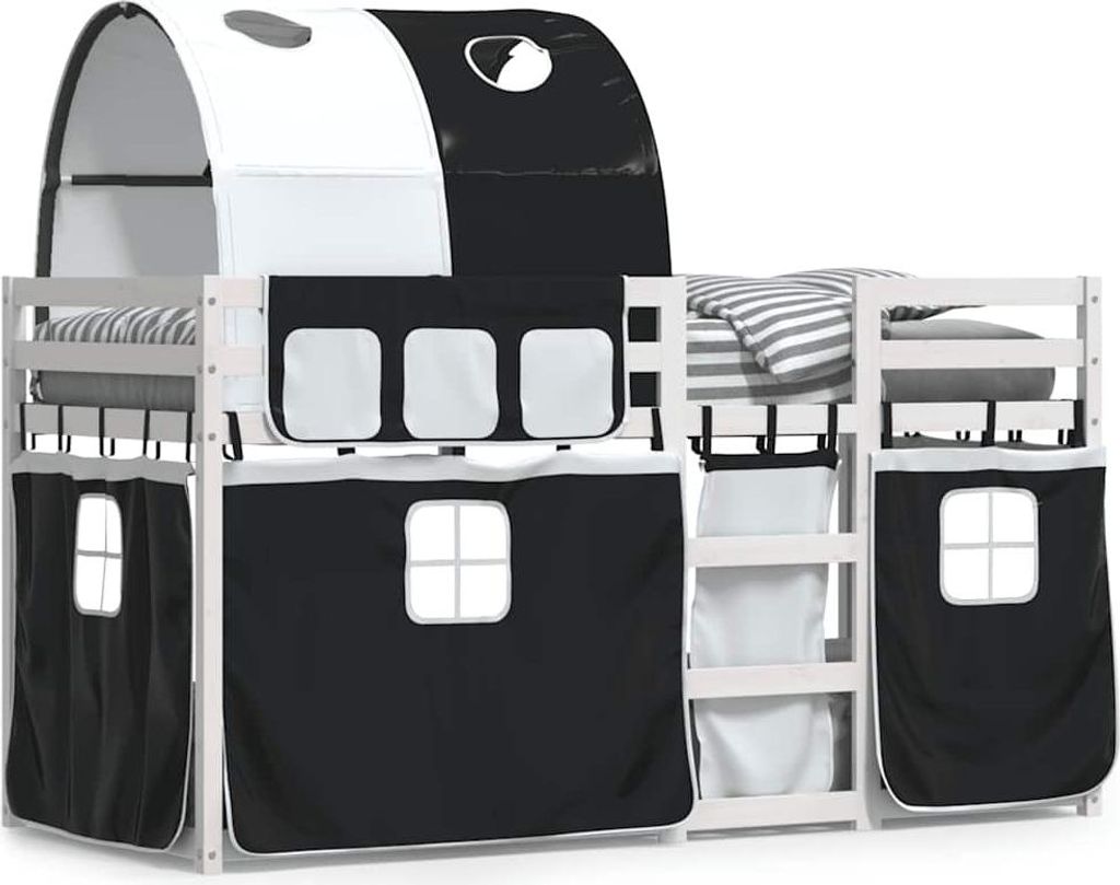 vidaXL Etagenbett mit Vorhängen Weiß Schwarz 90x200 cm Kiefernholz