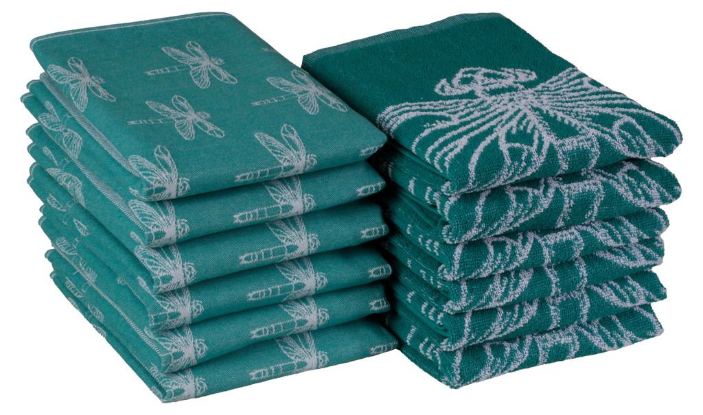 DoubleDry 12er Set Geschirrtücher und Küchtentücher Set - 100% Baumwolle - 6x 50x70cm und 6x 50x50cm - Smaragdlibel, Grünblau
