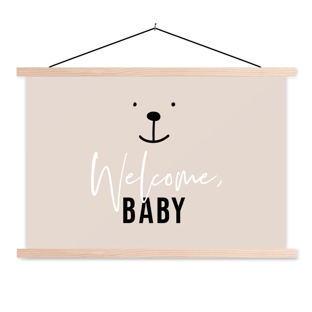 MuchoWow Textilposter Zitate - Willkommen Baby - Sprichwörter - Baby - Kinder - Kinder 120x80 cm mit holzfarbenen Rahmen - Aufhängeset