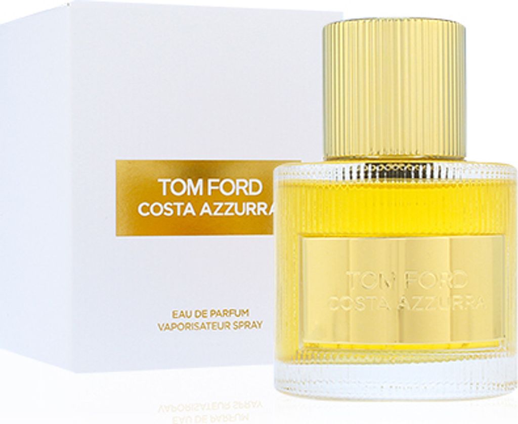 A bottle of Tom Ford Costa Azzurra Eau de Parfum and its packaging are displayed against a white background.