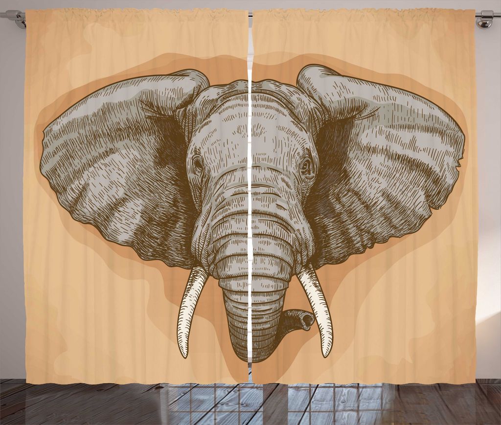 ABAKUHAUS afrikanisch Rustikaler Vorhang, Wilde Retro Elefanten, Wohnzimmer Universalband Gardinen mit Schlaufen und Haken, 280 x 175 cm, Almond Grau