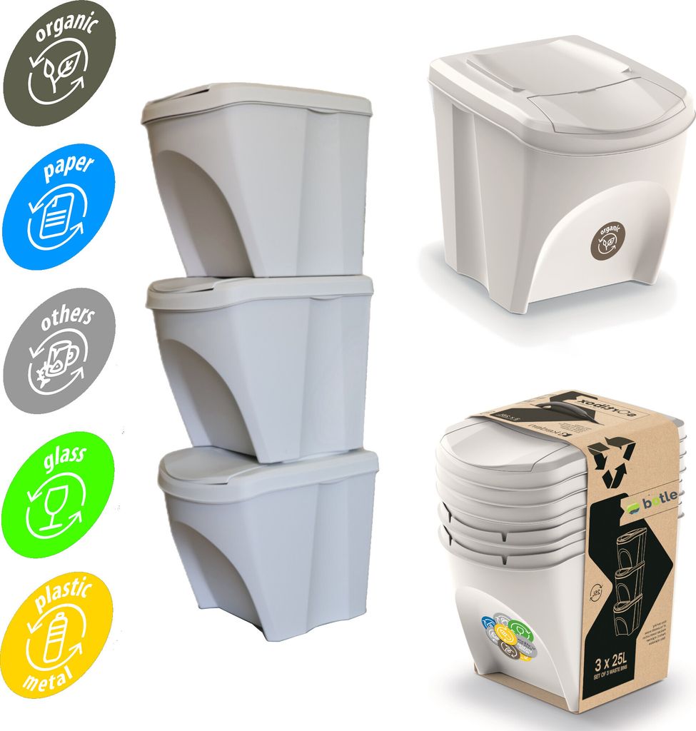 A set of three white stacking trash bins with recycling labels on the side, shown in a studio setting.