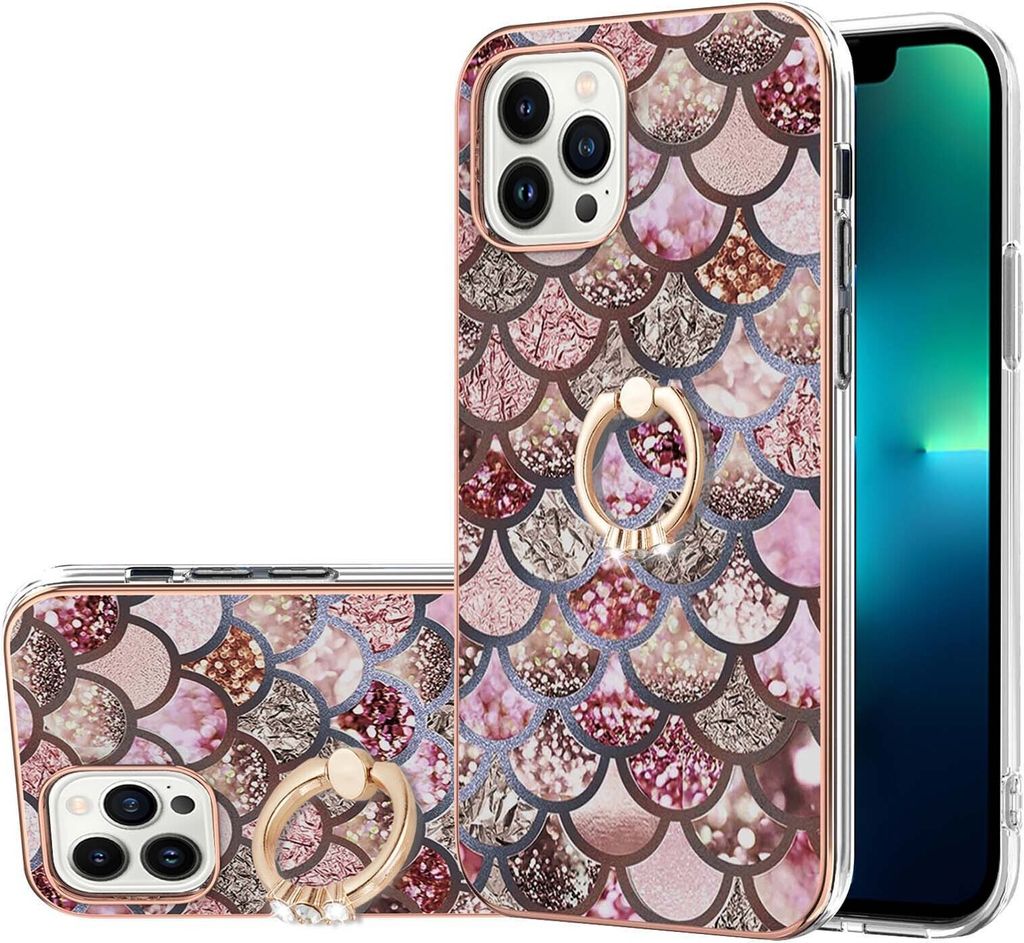 Hülle für iPhone 14 Pro Max Muster TPU Silikon Stoßdämpfer Bumper Schutzhülle mit Ring Ständer Kaffee