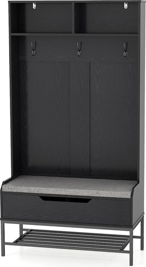 Garderobenständer mit Schuhbank, Eingangsbereichschrank mit Schuhregal, 3 Haken, Freistehender 4-in-1-Kleiderständer, 90 x 39 x 170 cm, Schwarz