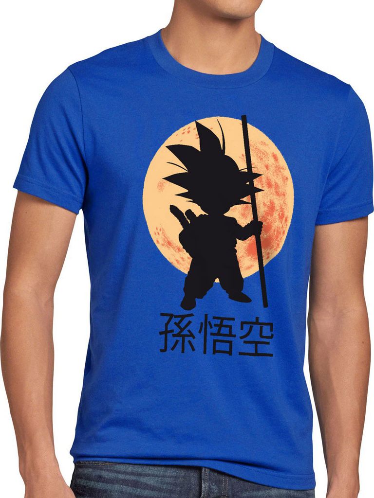 style3 Goku Dragon Moonlight Herren Anime T-Shirt Ball Mond Gohan Jung Dojo Son Drache Young, Größe:XXXL, Farbe:Blau
