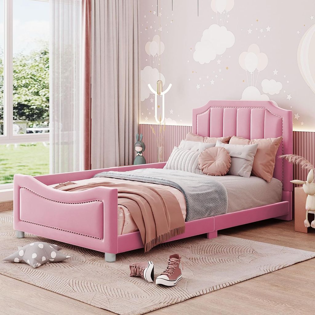 Fortuna Lai Polsterbett 90x200cm, Kinderbett aus Flanell, Flachbett mit 1 Seitenumrandung und Rückenlehne, mit Lattenrost und Kopfteil, Rosa