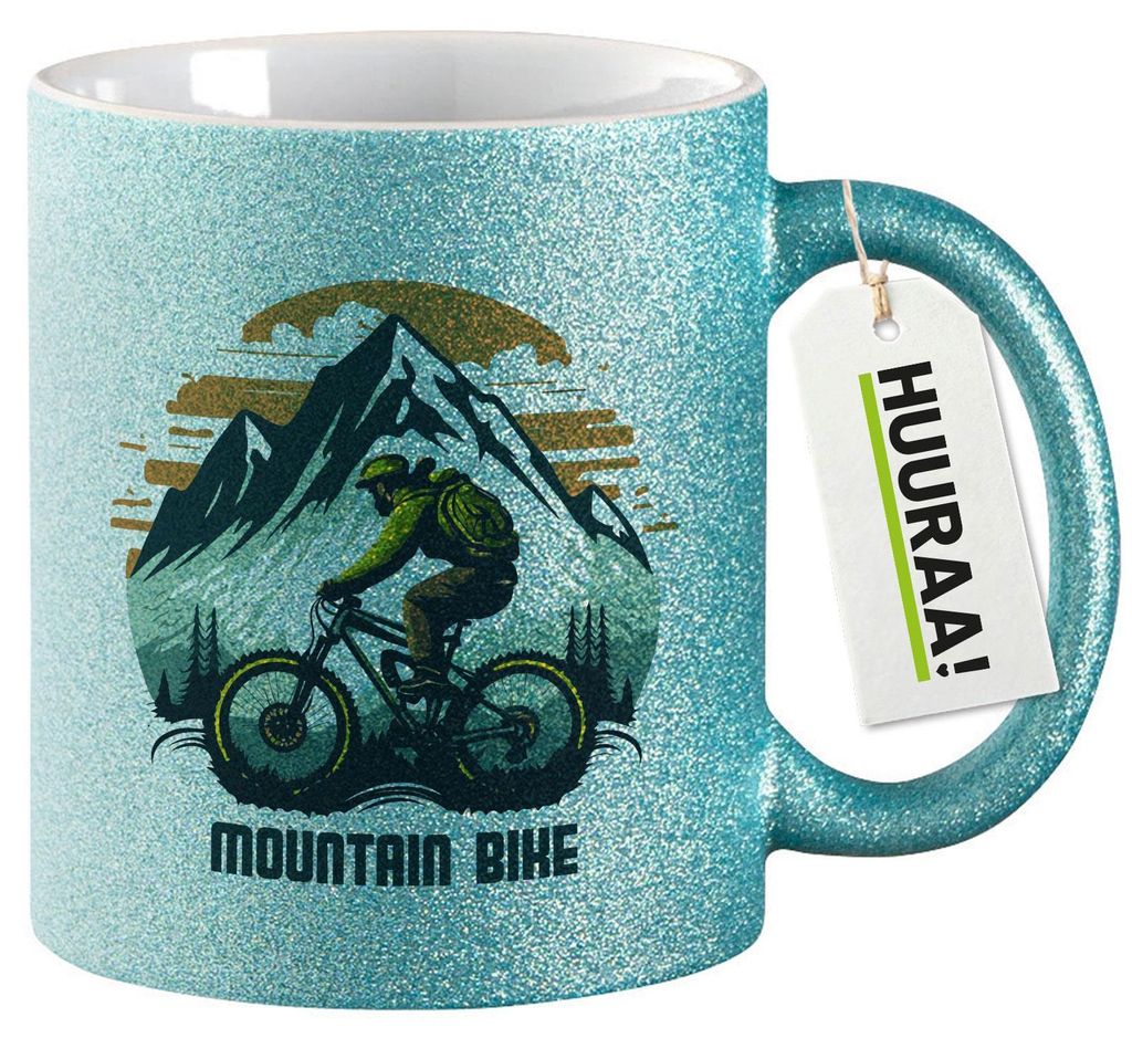 Huuraa Glitzertasse Mountain Bike Berge 330ml Blau Keramik Kaffeebecher Geschenkidee