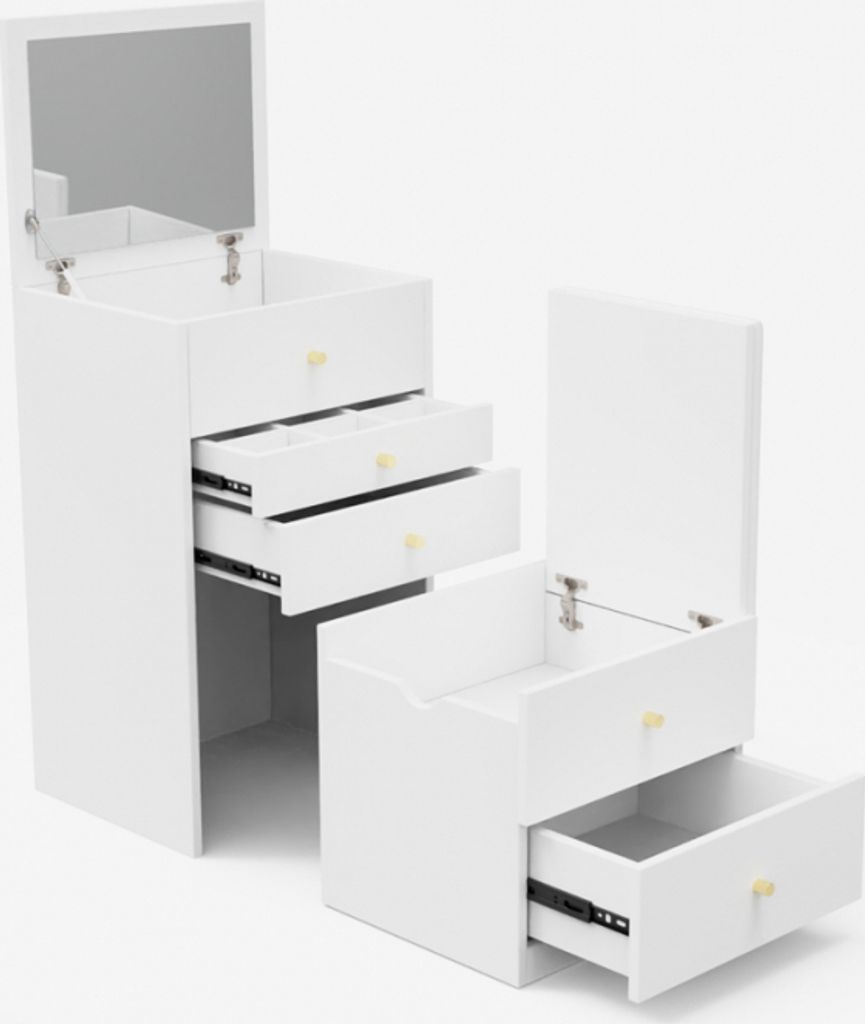 A white vanity set with a mirror and drawers, shown from a slightly elevated angle.