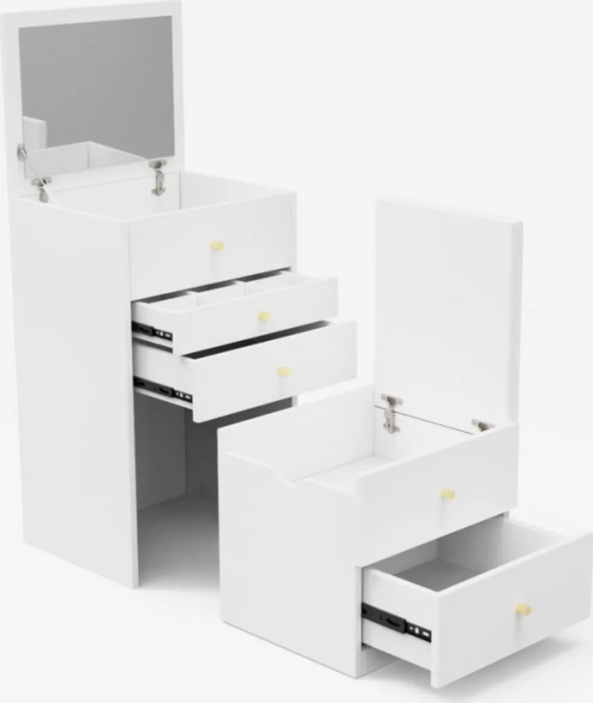 Meuble coiffeuse modulable Deva avec grand miroir et rangements malins