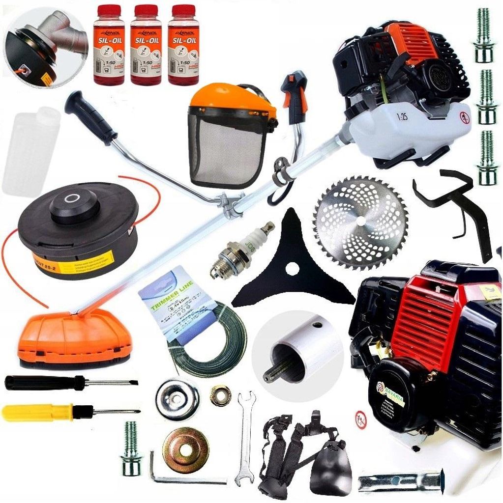 A collection of tools and accessories for a gas-powered string trimmer, laid out on a white background.