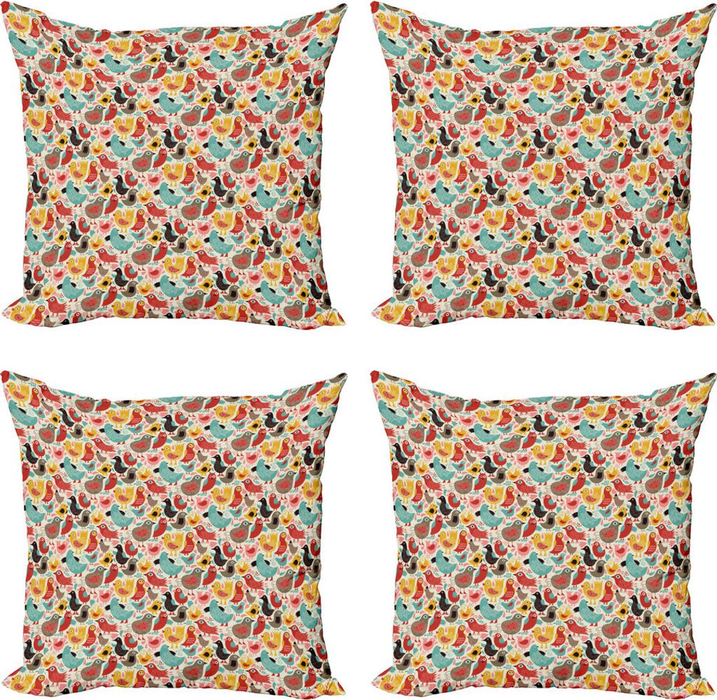 ABAKUHAUS Vögel Kissenbezug Set (4 Stück), Wunderliche bunte Vögel, Moderner Doppelseitiger Digitaldruck, 50 cm x 50 cm, Mehrfarbig