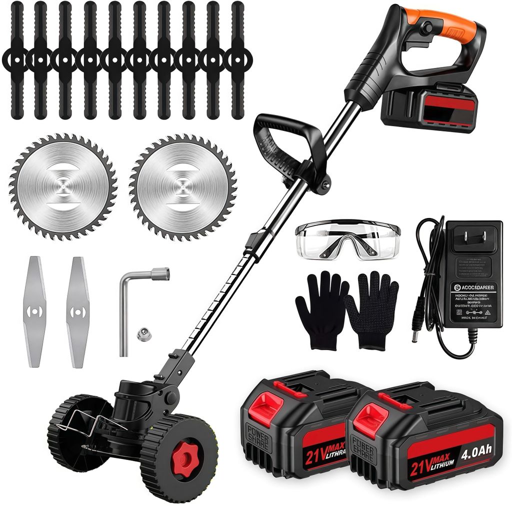 A collection of parts and accessories for a cordless grass trimmer, laid out on a white background.