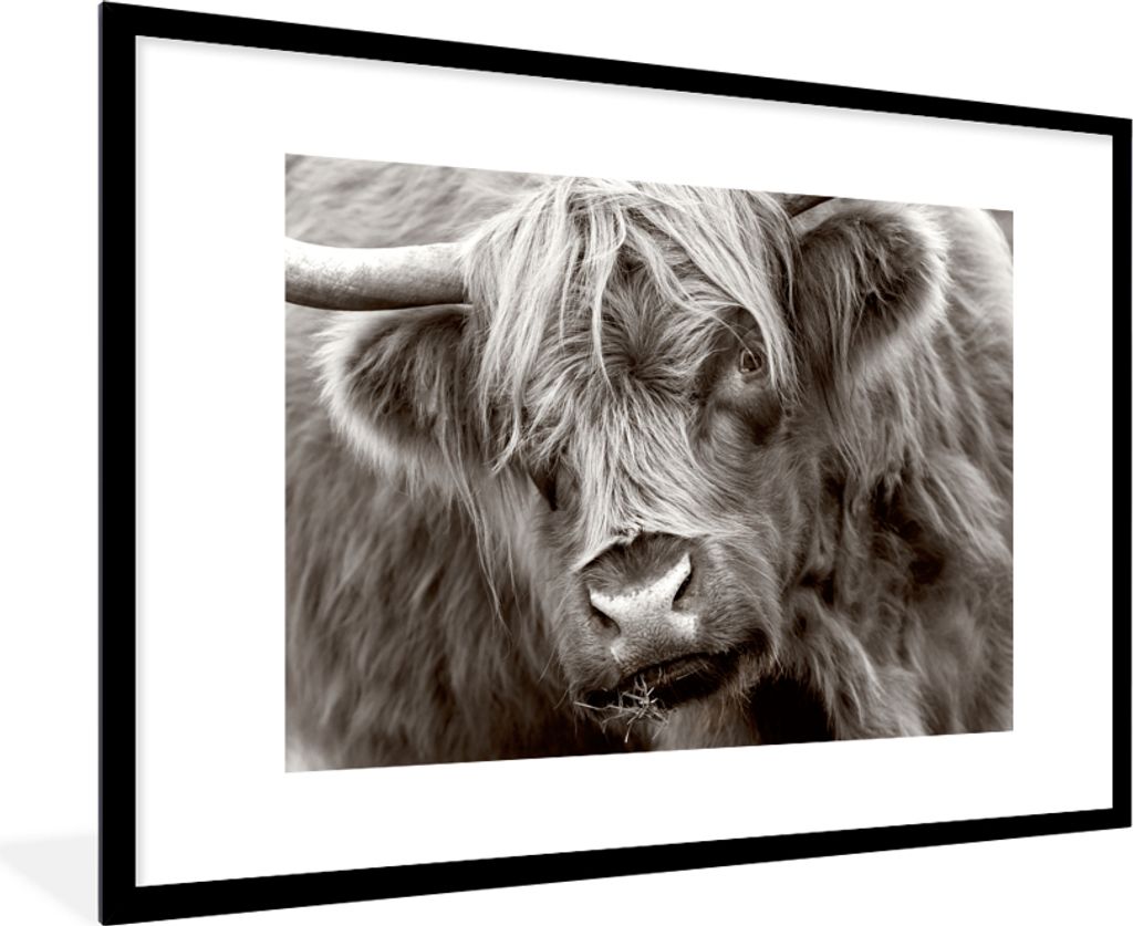 MuchoWow Gerahmtes Poster Schottischer Highlander - Schwarz - Weiß - Hörner 90x60 cm - Poster mit Schwarzem Bilderrahmen Wandposter Rahmen Foto...