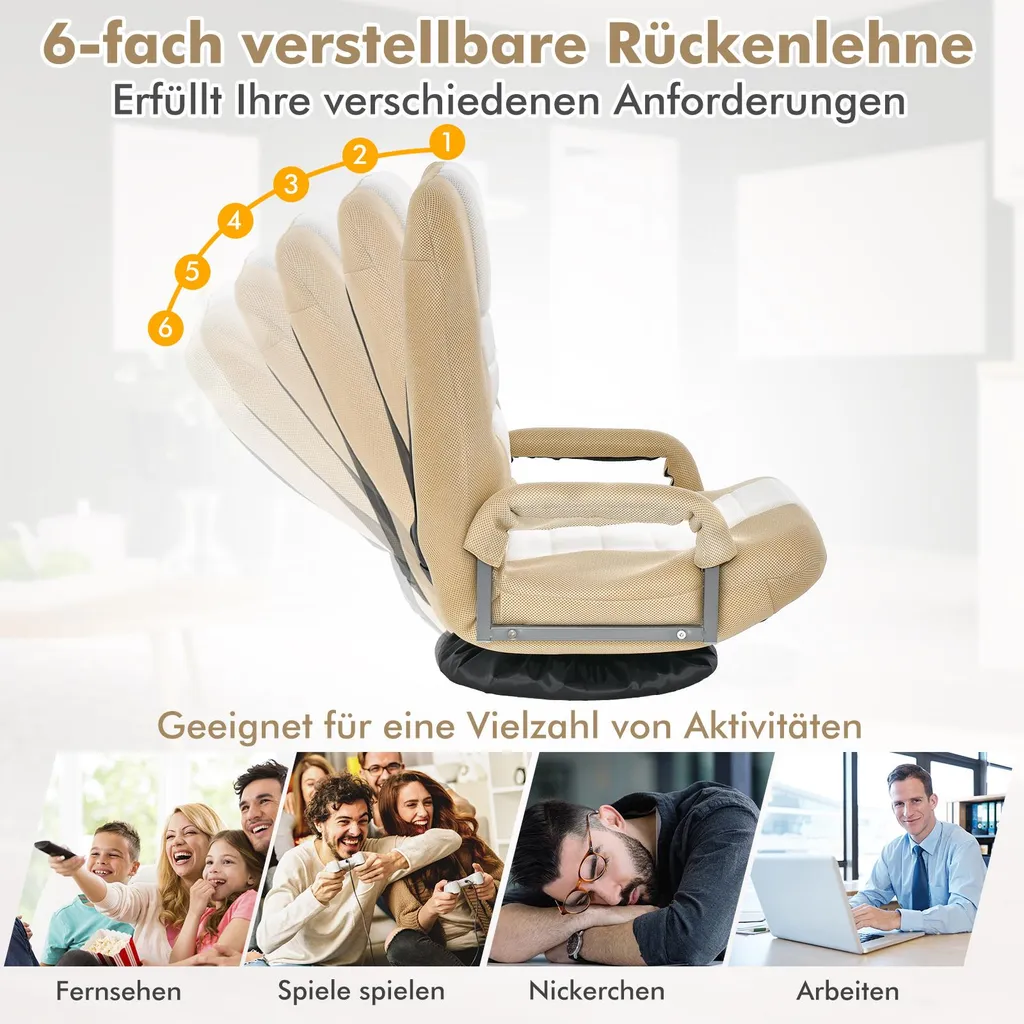 Fauteuil de sol pivotant avec dossier ajustable pour salon et bureau
