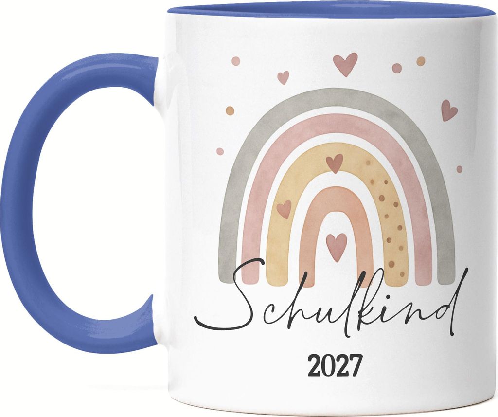 Schulkind 2027 Boho Regenbogen Motiv Tasse Blau Geschenk Einschulung Herz Pastell Vintage Erstklässler