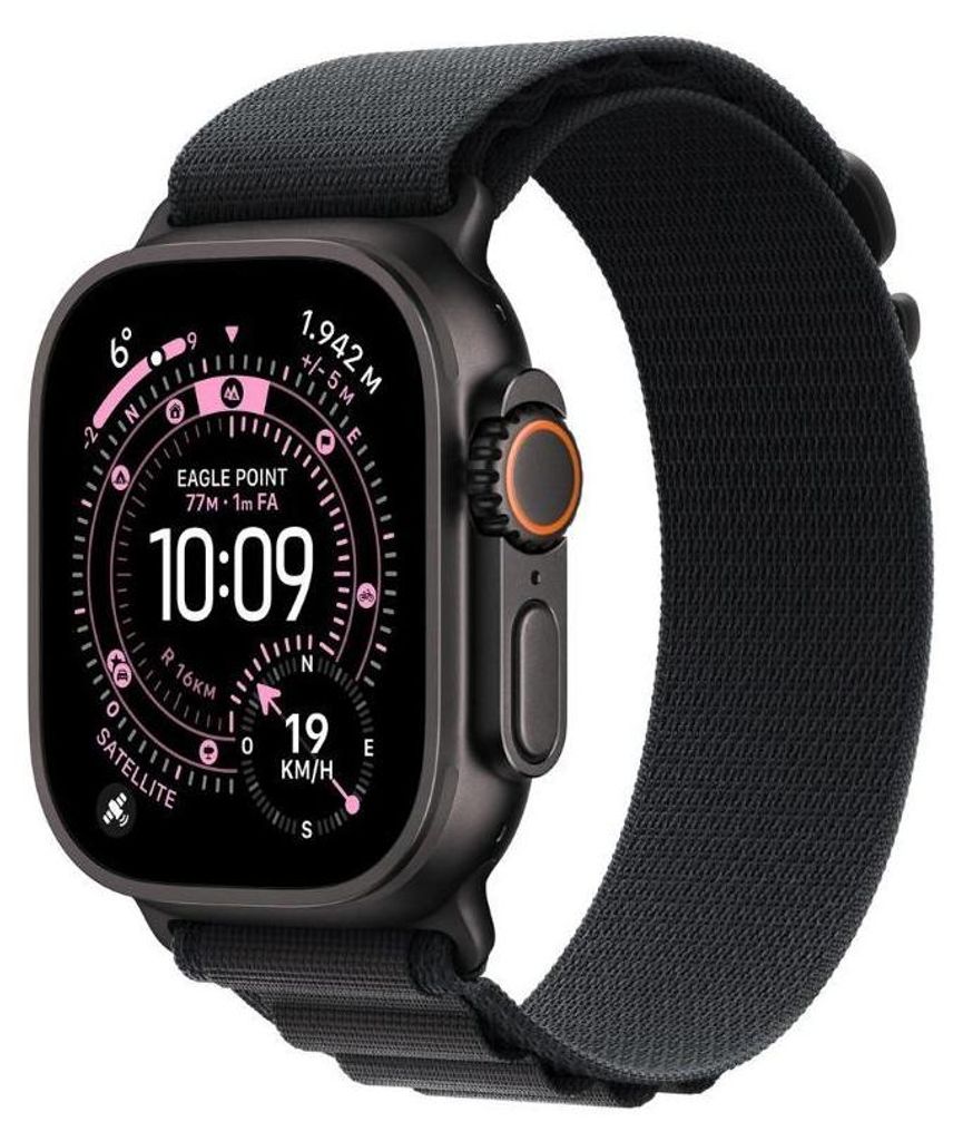 A close-up of an Apple Watch Ultra with a black band and a black watch face displaying various metrics.