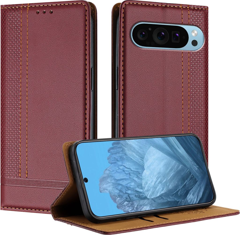 Handyhülle für Google Pixel 9 Pro Leder Flip Klappbare Schutzhülle mit Standfunktion Dunkelrot