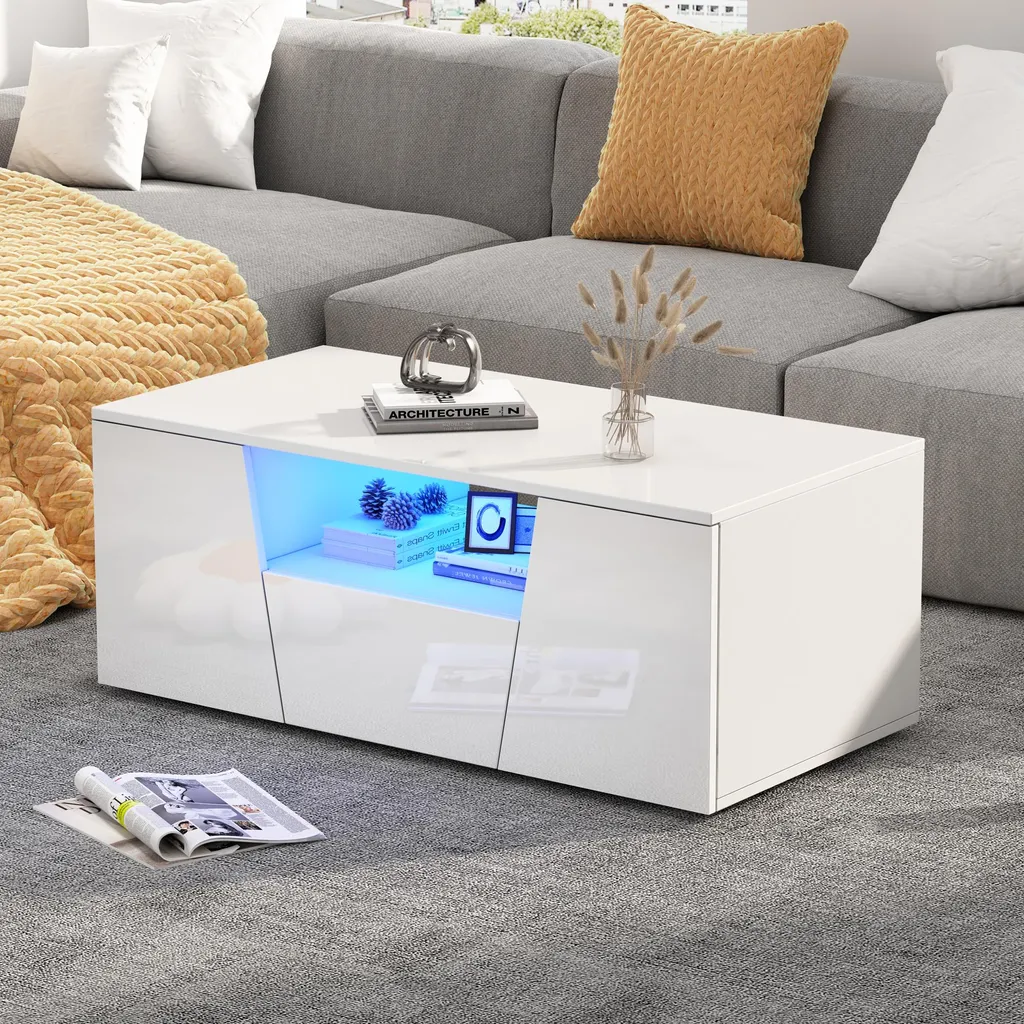 Table basse de rangement blanc LED pour optimiser et éclairer le salon