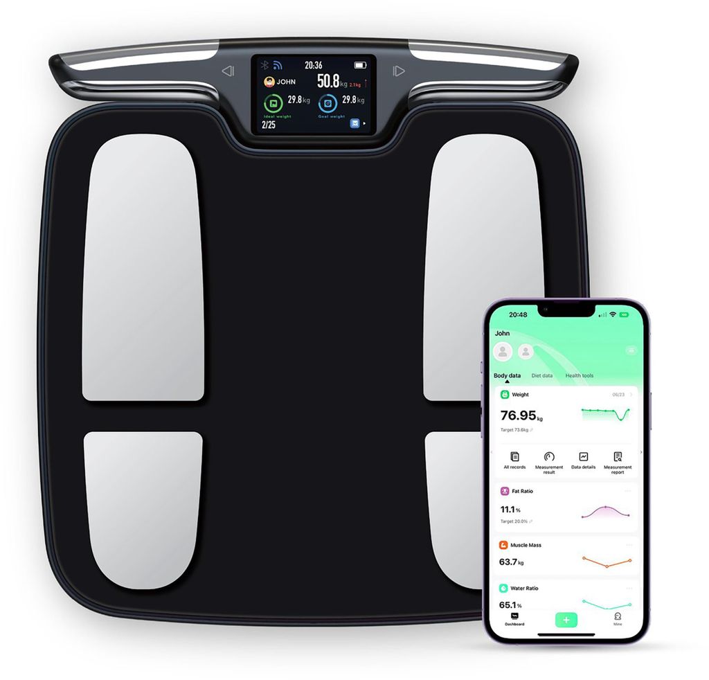 Personenwaage Smarte Körperfettwaage mit Hand- und Produktbild 