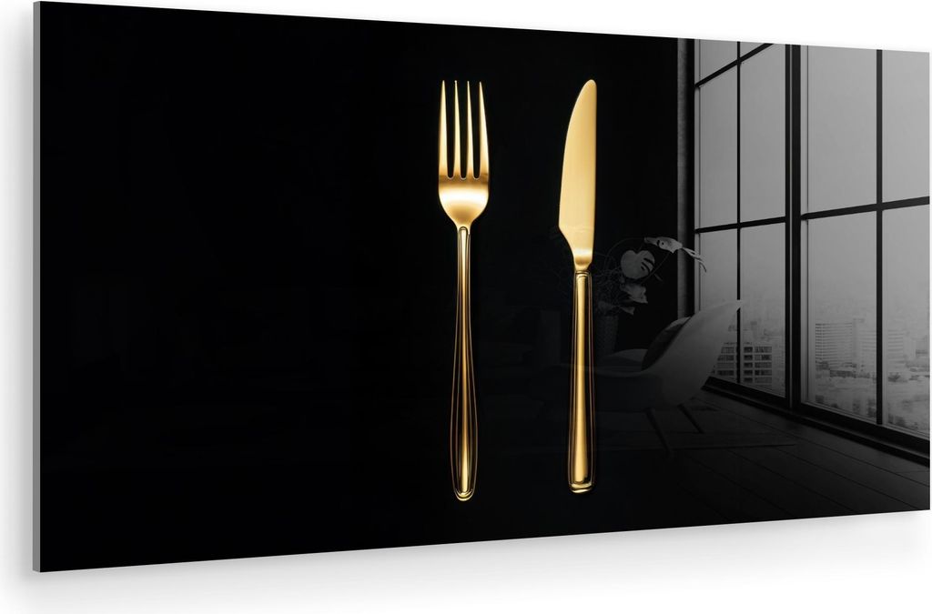 MuchoWow Glasbilder - Bilder auf Wandbild - Foto auf Glas Besteck - Gold - Messer - Gabel 80x40 cm Wanddekoration aus Glas - Acrylglasbild - Acrylb...