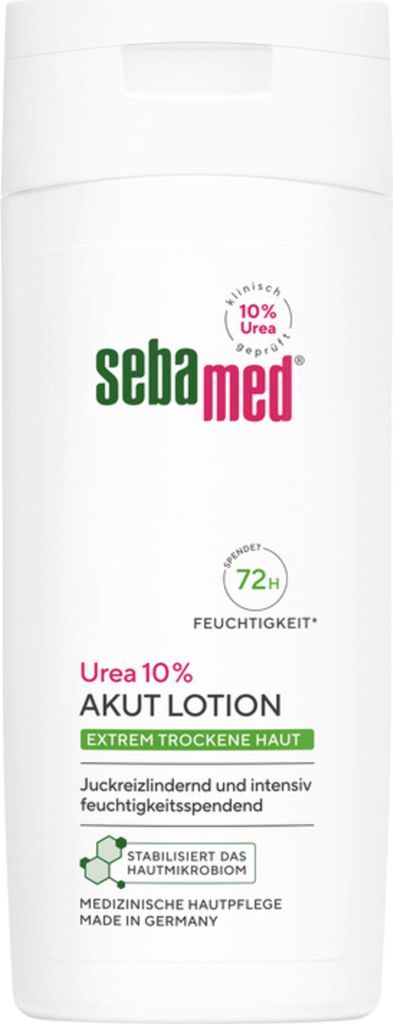 A white bottle of Sebamed Urea 10% Akut Lotion for extremely dry skin.