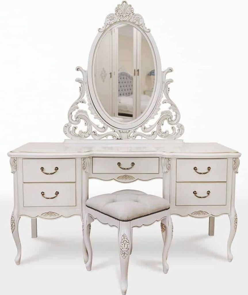 Casa Padrino Luxus Barock Schminktisch Set Weiß / Hellgrau - Barock Schlafzimmer Möbel