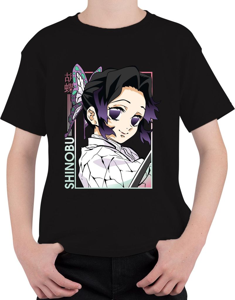Shinobu Kocho Kimetsu no Yaiba Schmetterling lila Anime Geschenk Uni Kinder T-Shirt, Schwarz, 140