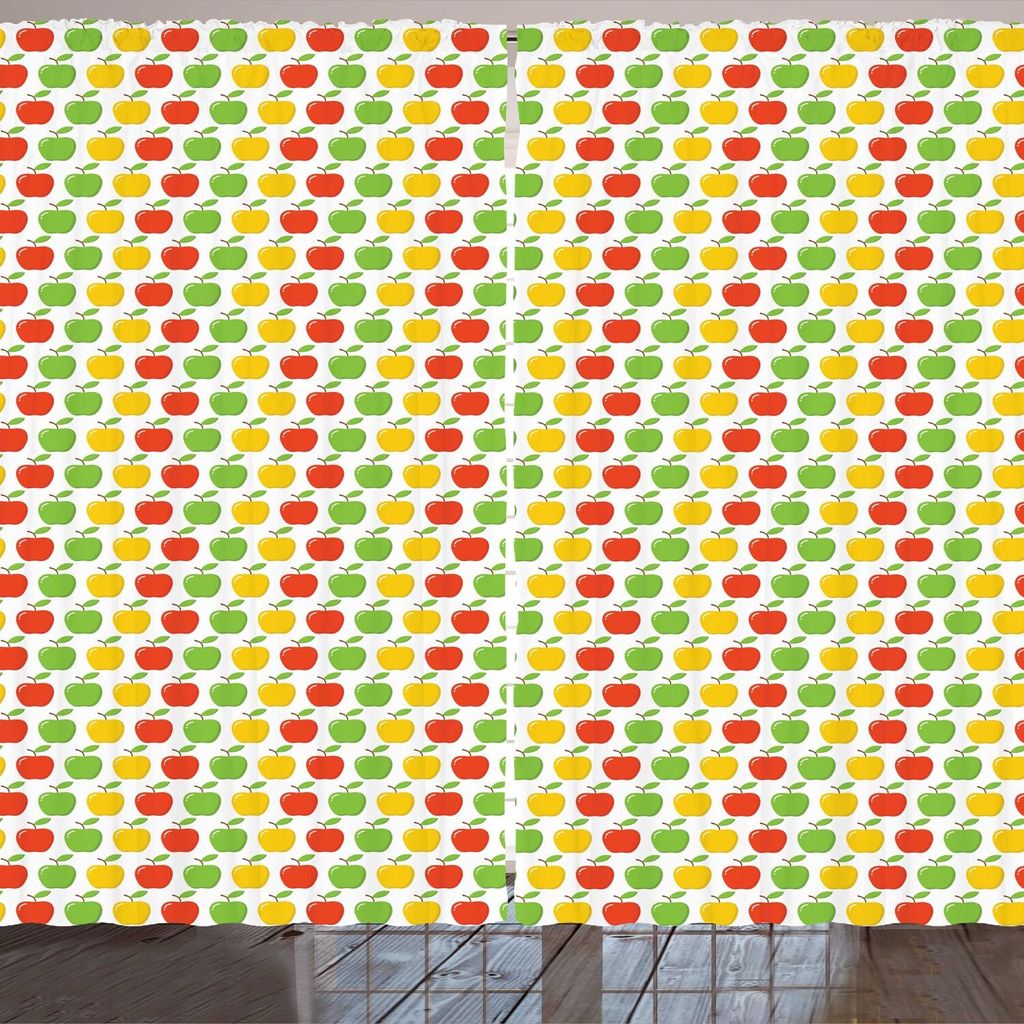 ARANDE Bunt Gardine, Äpfel und Blätter Sommer Ernten Gesundes Essen Tasty Grafik, 280 x 245 cm, Mustard Dark Pink und Grün