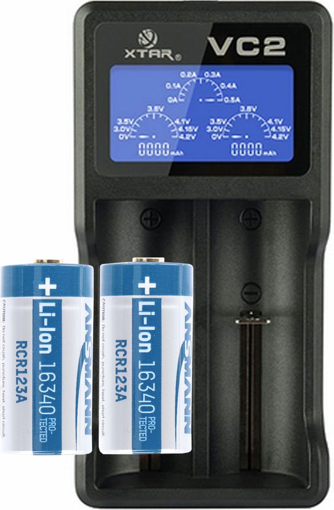 2 Stück CR123A Li-Ion Akku mit bis zu 850mAh und USB-Ladegerät mit großem Display, mit bis zu 0,5Ah Ladestrom