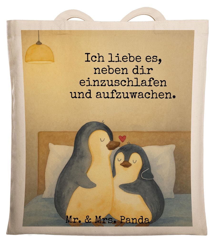 Mr. & Mrs. Panda Jutebeutel Pinguine Einschlafen Design - Weiß - Geschenk, dokumententasche, Baumwolltasche, Hochzeitstag, für Frauen, Freundin, ...