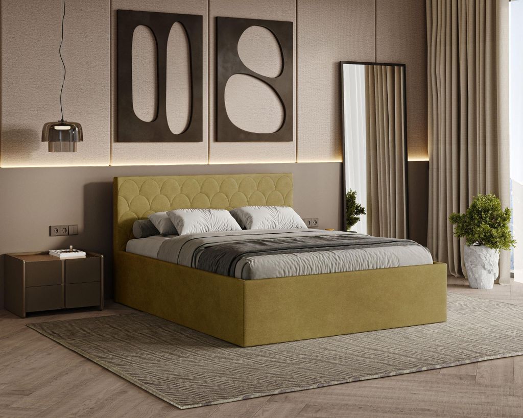 Polsterbett RADIUS mit Kopfteil, 160x200 cm, Doppelbett mit Bettkasten und Lattenrost aus Holz, Velourstoff, Farbe: Gelb