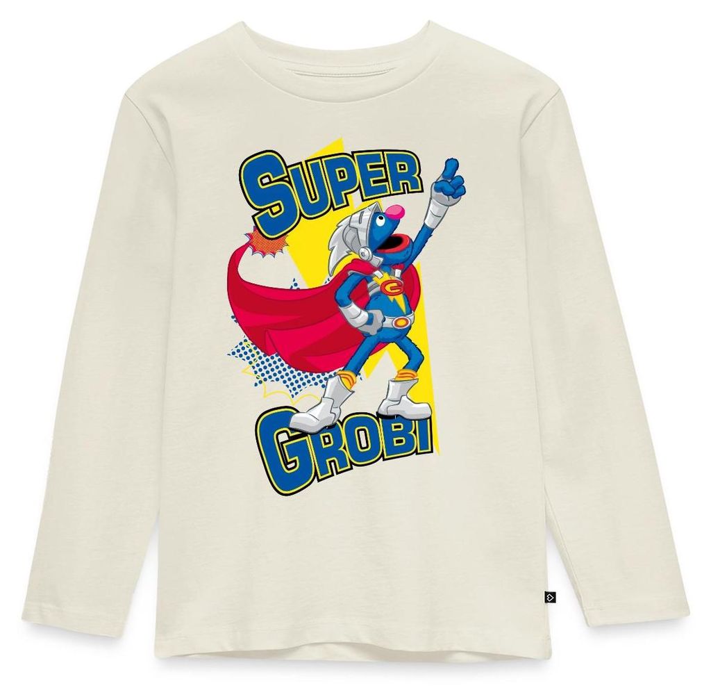 Spreadshirt Sesamstraße Grobi Supergrobi Superheld Kinder Premium Langarmshirt, 122/128 (6 Jahre), Naturweiß