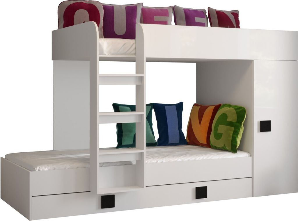 Etagenbett für Kinder Toledo 2 Stockbett mit Treppe und Bettkasten (Weiß + Weiß Glanz + schwarze Griffe)
