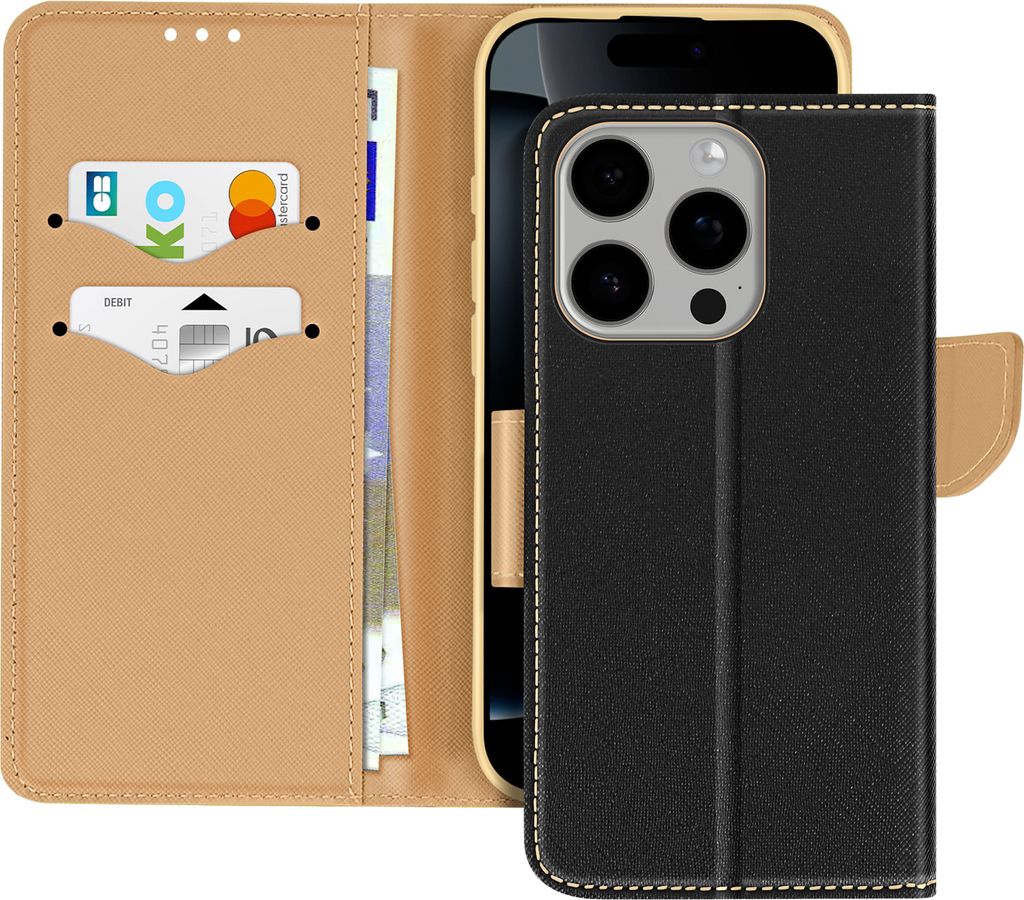 Avizar, Apple iPhone 16 Pro Max Fancy Portemonnaie-Hülle mit Kartenfächern, Schwarz / Gold
